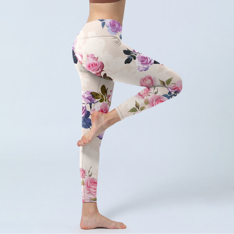 Buddha Stones Beige Rosen Blumen Druck Gym Leggings Damen Yoga Hose - image 3