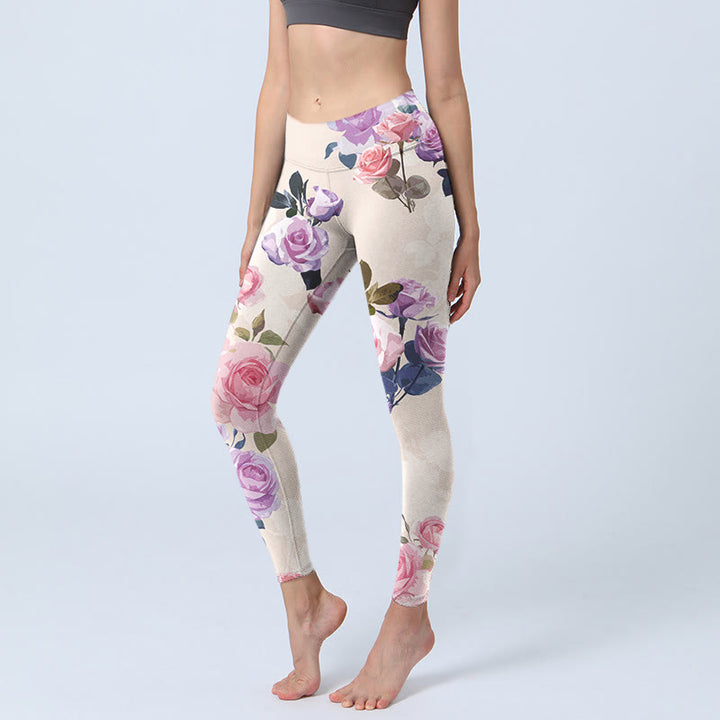 Buddha Stones Beige Rosen Blumen Druck Gym Leggings Damen Yoga Hose - Beige - US18, UK/AU22, EU50 (4XL) - image 0