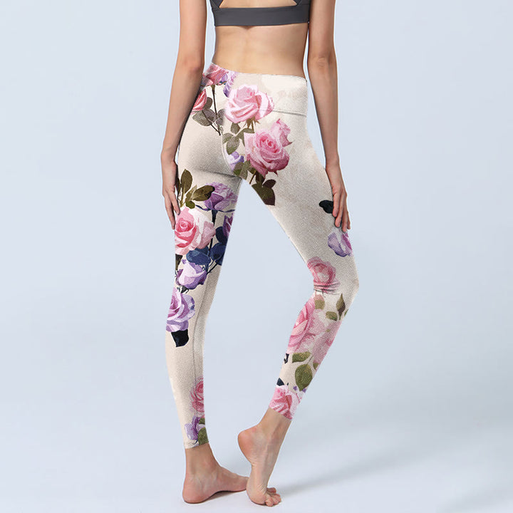 Buddha Stones Beige Rosen Blumen Druck Gym Leggings Damen Yoga Hose - image 5