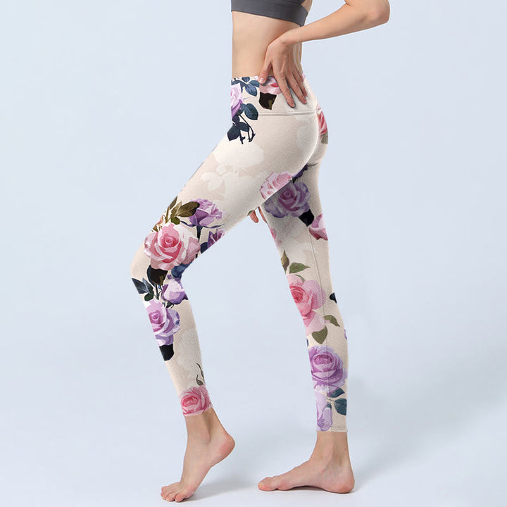 Buddha Stones Beige Rosen Blumen Druck Gym Leggings Damen Yoga Hose - image 3