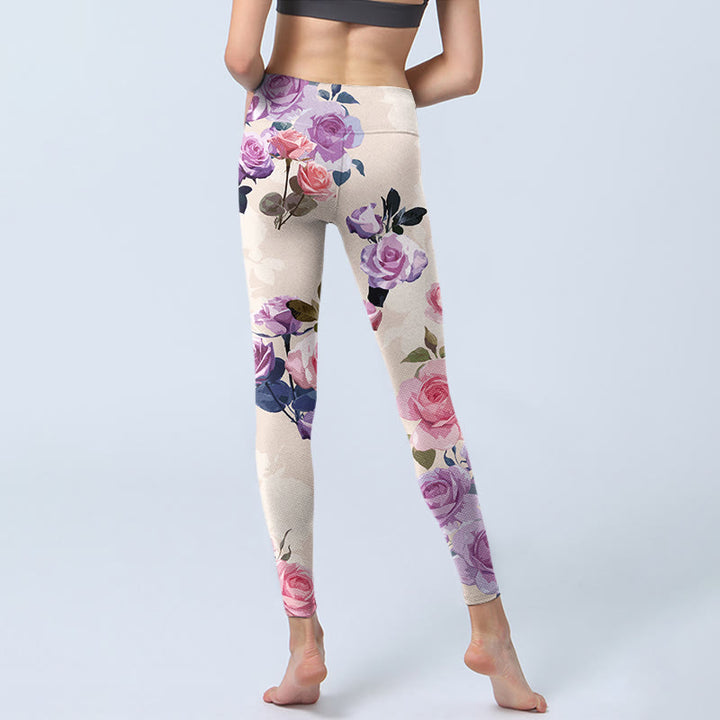 Buddha Stones Beige Rosen Blumen Druck Gym Leggings Damen Yoga Hose - image 6