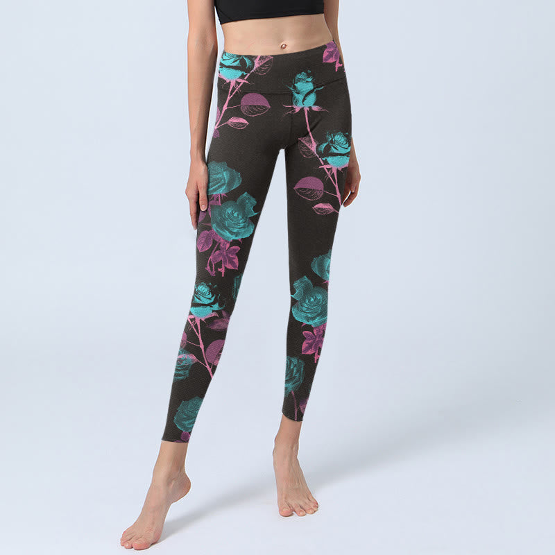 Buddha Stones Schwarze Rosenblätter Musterdruck Gym Leggings Damen Yogahose - image 6