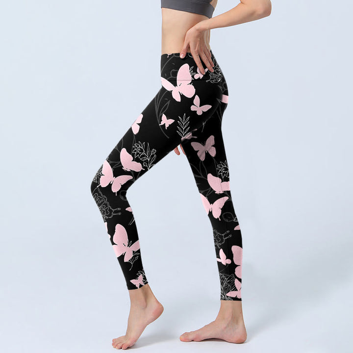 Buddha Stones Schwarz Schmetterling Pflanzenlinien Musterdruck Gym Leggings Damen Yogahose - image 2