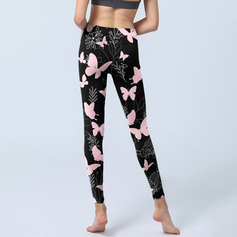 Buddha Stones Schwarz Schmetterling Pflanzenlinien Musterdruck Gym Leggings Damen Yogahose - image 6