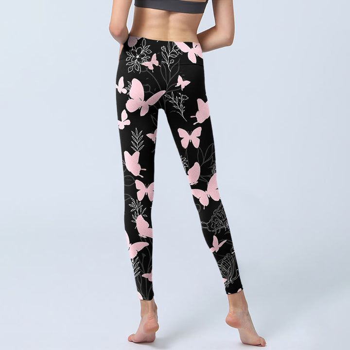Buddha Stones Schwarz Schmetterling Pflanzenlinien Musterdruck Gym Leggings Damen Yogahose - image 6