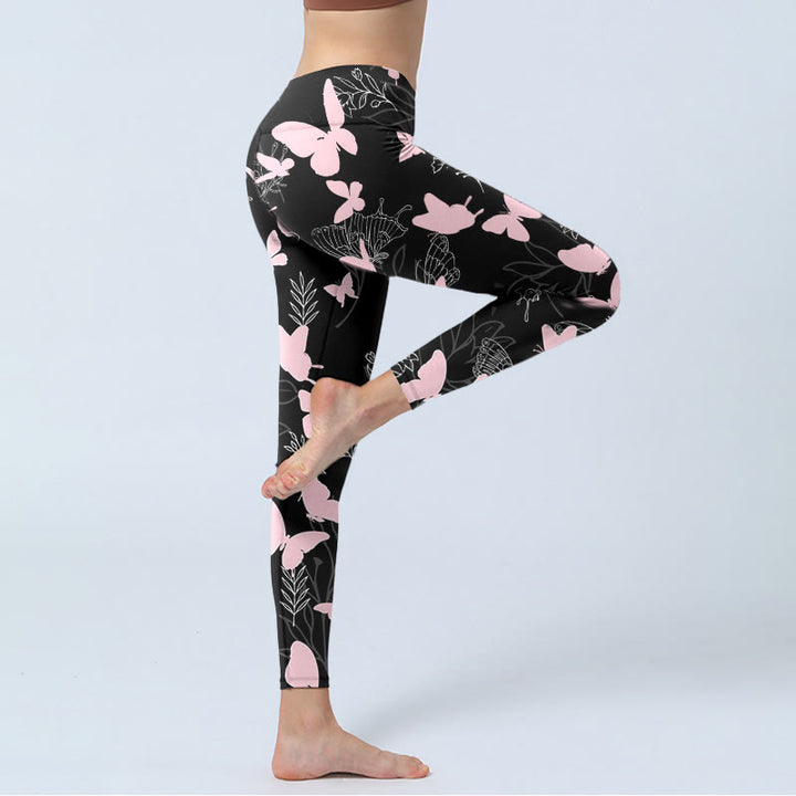 Buddha Stones Schwarz Schmetterling Pflanzenlinien Musterdruck Gym Leggings Damen Yogahose - image 3