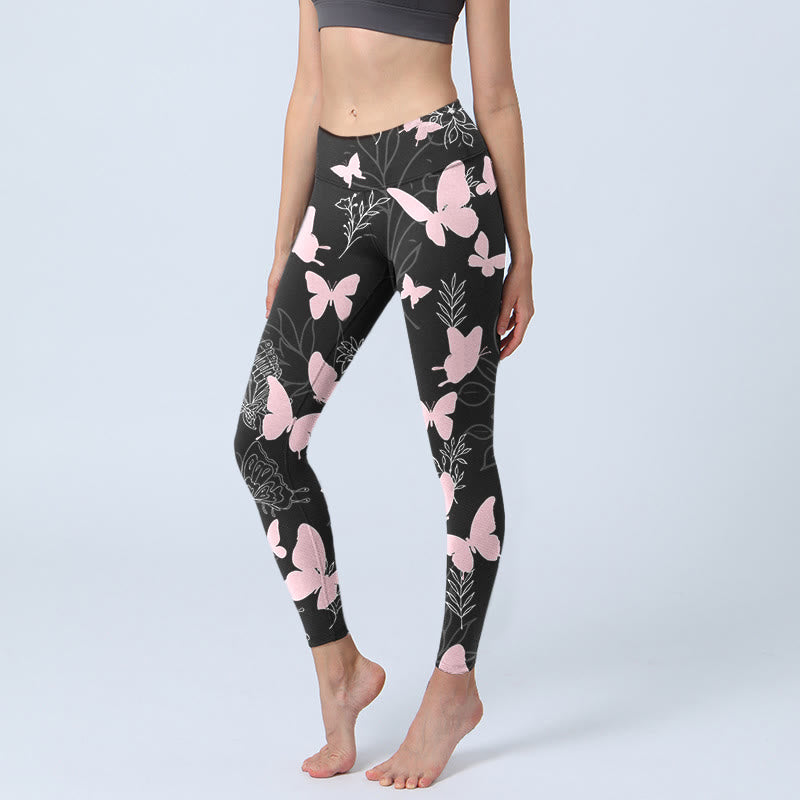 Buddha Stones Schwarz Schmetterling Pflanzenlinien Musterdruck Gym Leggings Damen Yogahose - Schwarz - US18， UK/AU22，EU50 (4XL) - image 1