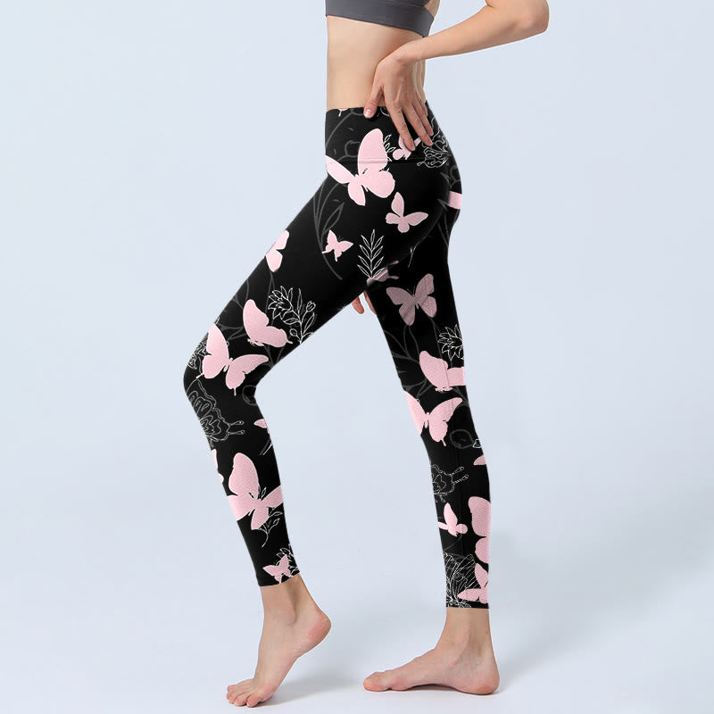 Buddha Stones Schwarz Schmetterling Pflanzenlinien Musterdruck Gym Leggings Damen Yogahose - image 3