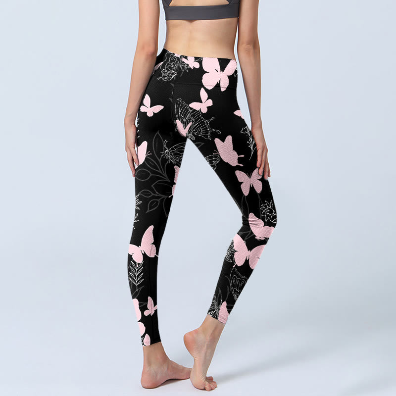 Buddha Stones Schwarz Schmetterling Pflanzenlinien Musterdruck Gym Leggings Damen Yogahose - image 5