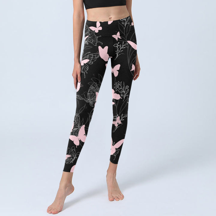 Buddha Stones Schwarz Schmetterling Pflanzenlinien Musterdruck Gym Leggings Damen Yogahose - image 6