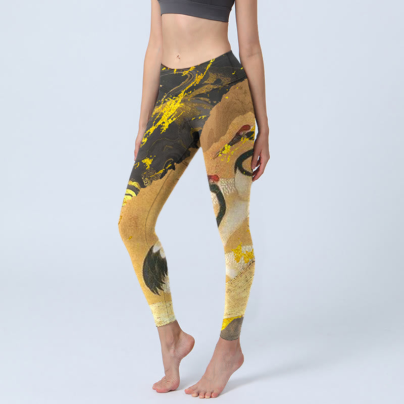 Yoga-Leggings für Damen mit Buddha Stones , Kiefernbaum, Mandschurenkranich-Muster, Druck - Goldrute - US18， UK/AU22，EU50 (4XL) - image 1