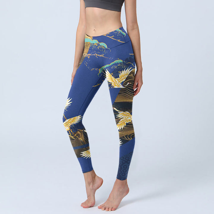 Buddha Stones, Bergtempel, Mandschurenkranich-Musterdruck, Gym-Leggings für Damen, Yoga-Hose - Dunkelblau - US18， UK/AU22，EU50 (4XL) - image 1