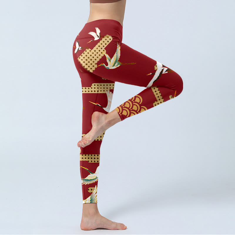 Buddha Stones Mandschurenkranich Wolkenmuster Druck Gym Leggings Damen Yogahose - image 3