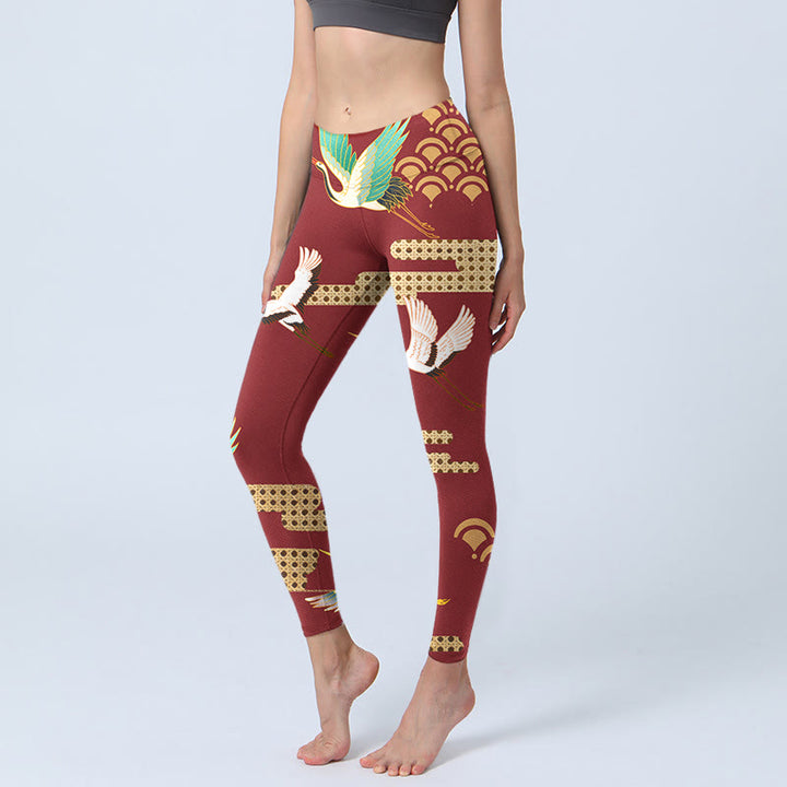 Buddha Stones Mandschurenkranich Wolkenmuster Druck Gym Leggings Damen Yogahose - Feuerfestziegel - US18, UK/AU22, EU50 (4XL) - image 0