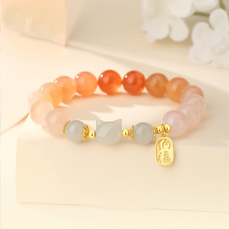 Buddha Stones 925 Sterling Silber Rot Achat Hetian Jade Katze Fu Charakter Vertrauen Armband - Roter Achat (Handgelenkumfang: 15–17 cm) - image 1