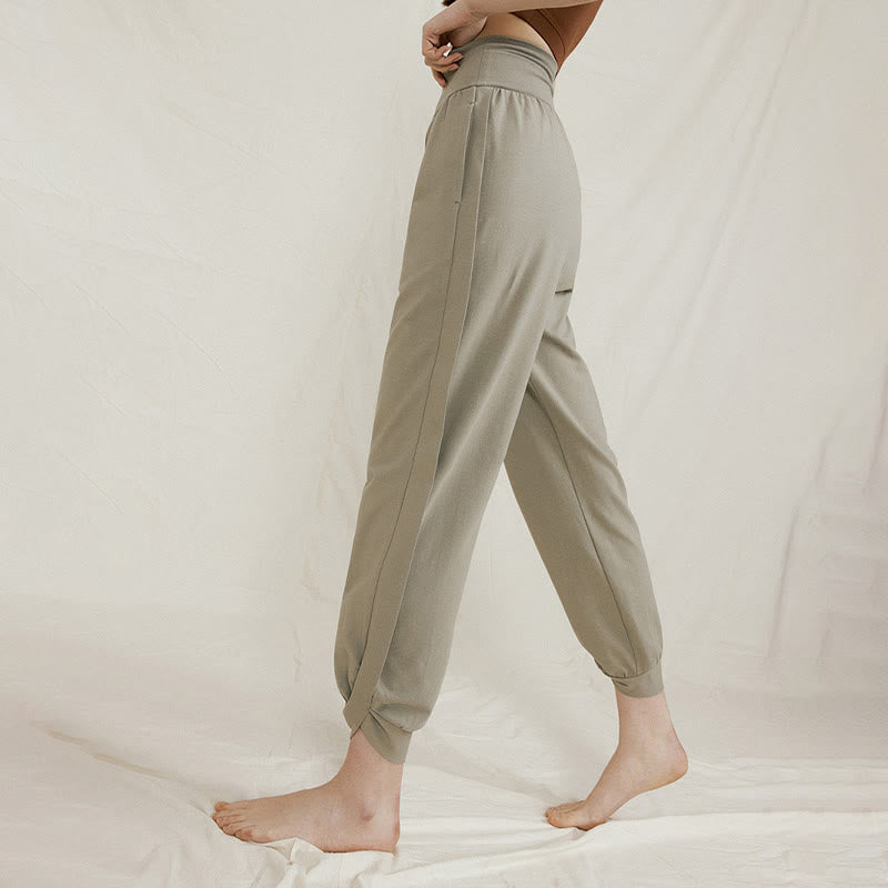 Buddha Stones Lässige, einfarbige, hohe Taille, seitliche Falte, schnelltrocknende Baumwollhose für Damen mit Taschen - image 7