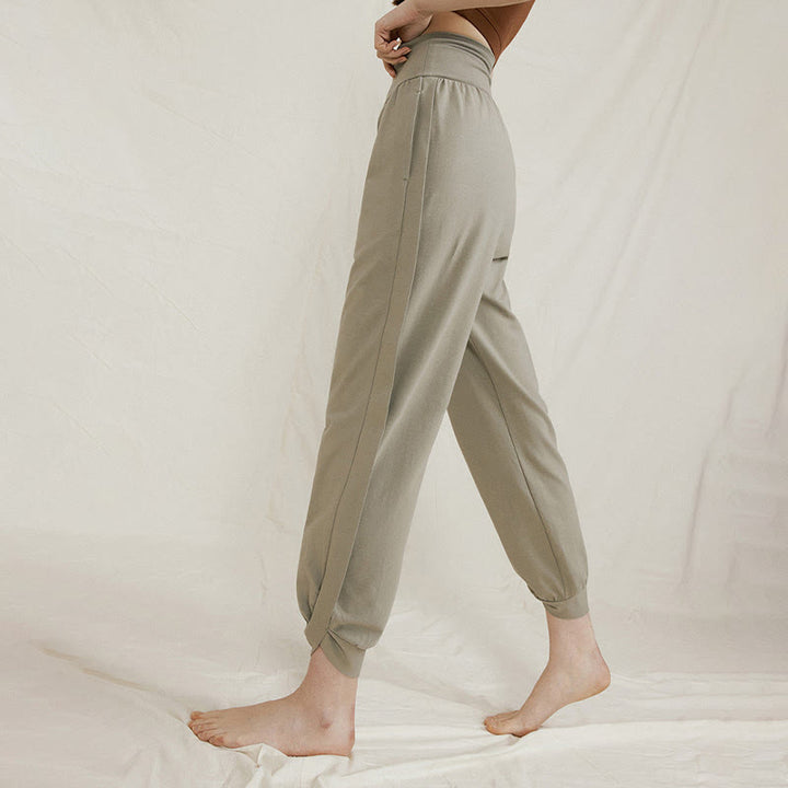Buddha Stones Lässige, einfarbige, hohe Taille, seitliche Falte, schnelltrocknende Baumwollhose für Damen mit Taschen - image 8