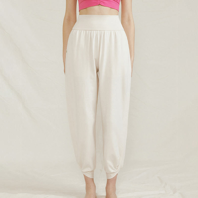 Buddha Stones Lässige, einfarbige, hohe Taille, seitliche Falte, schnelltrocknende Baumwollhose für Damen mit Taschen - image 1