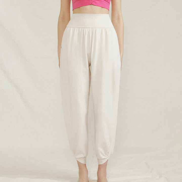 Buddha Stones Lässige, einfarbige, hohe Taille, seitliche Falte, schnelltrocknende Baumwollhose für Damen mit Taschen - image 1