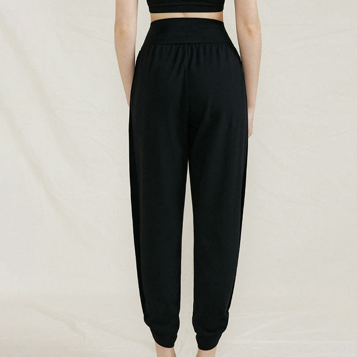 Buddha Stones Lässige, einfarbige, hohe Taille, seitliche Falte, schnelltrocknende Baumwollhose für Damen mit Taschen - Schwarz - US4， UK/AU8，EU36 (L) - image 14