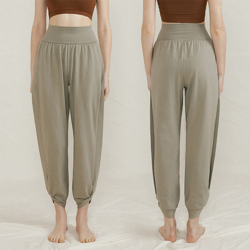 Buddha Stones Lässige, einfarbige, hohe Taille, seitliche Falte, schnelltrocknende Baumwollhose für Damen mit Taschen - image 6