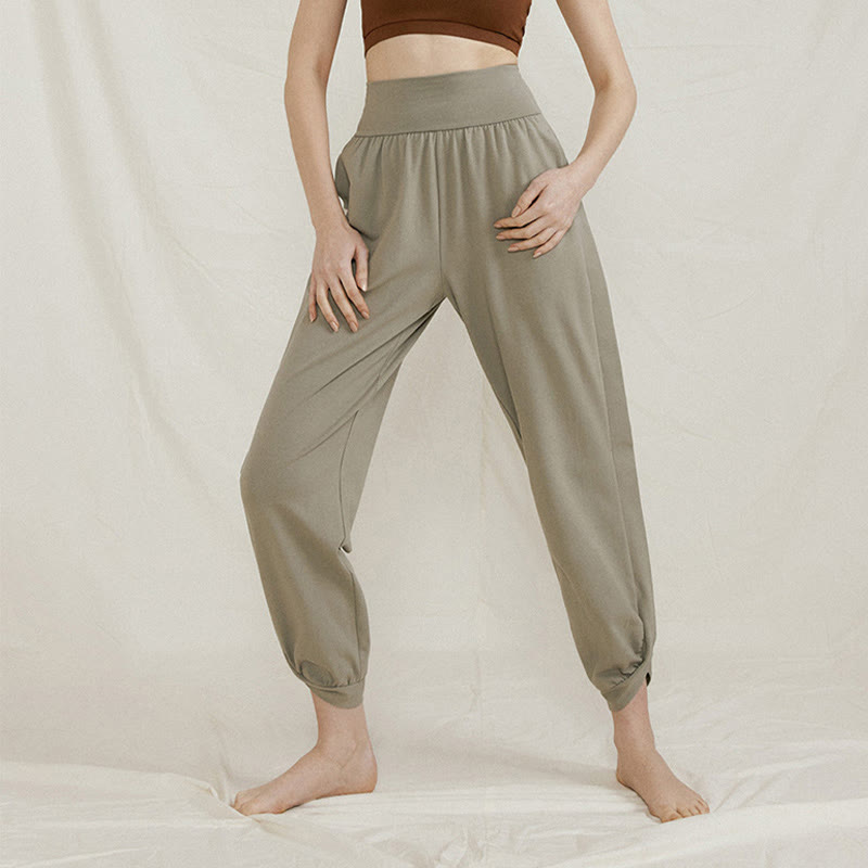 Buddha Stones Lässige, einfarbige, hohe Taille, seitliche Falte, schnelltrocknende Baumwollhose für Damen mit Taschen - Dunkelseegrün - US4, UK/AU8, EU36 (L) - image 5