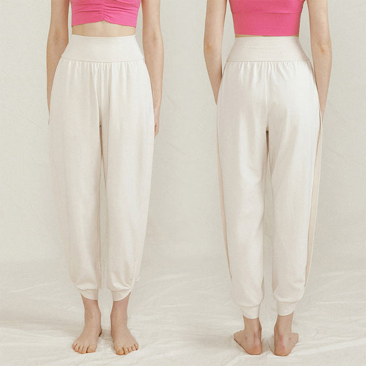 Buddha Stones Lässige, einfarbige, hohe Taille, seitliche Falte, schnelltrocknende Baumwollhose für Damen mit Taschen - image 3
