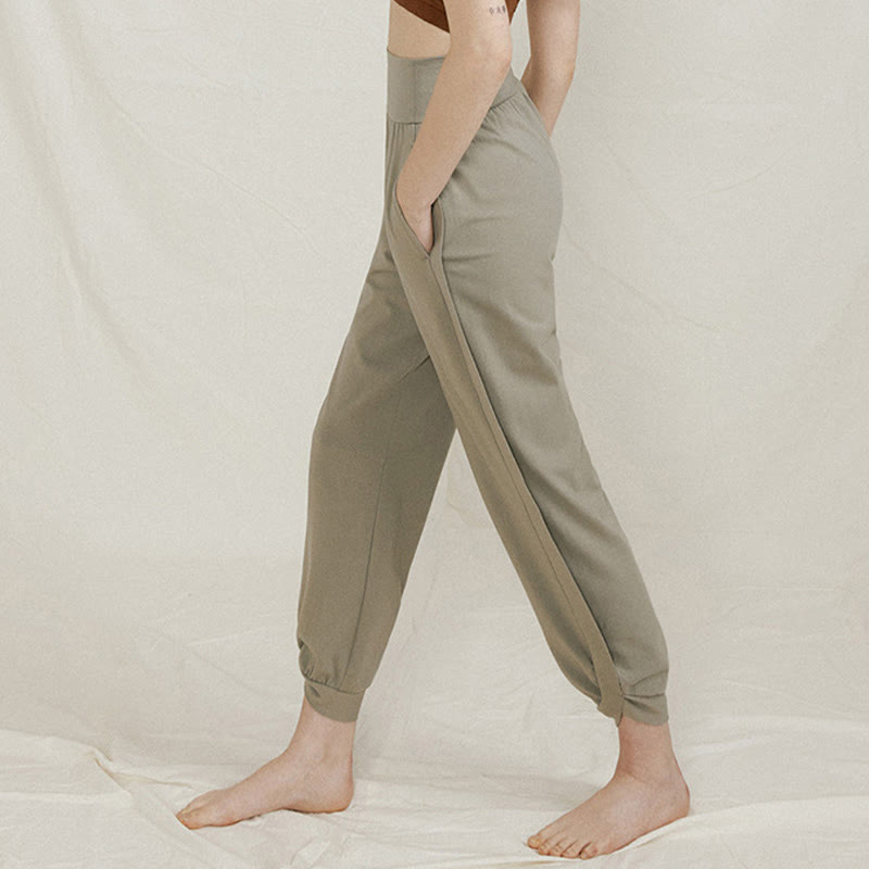Buddha Stones Lässige, einfarbige, hohe Taille, seitliche Falte, schnelltrocknende Baumwollhose für Damen mit Taschen - image 11