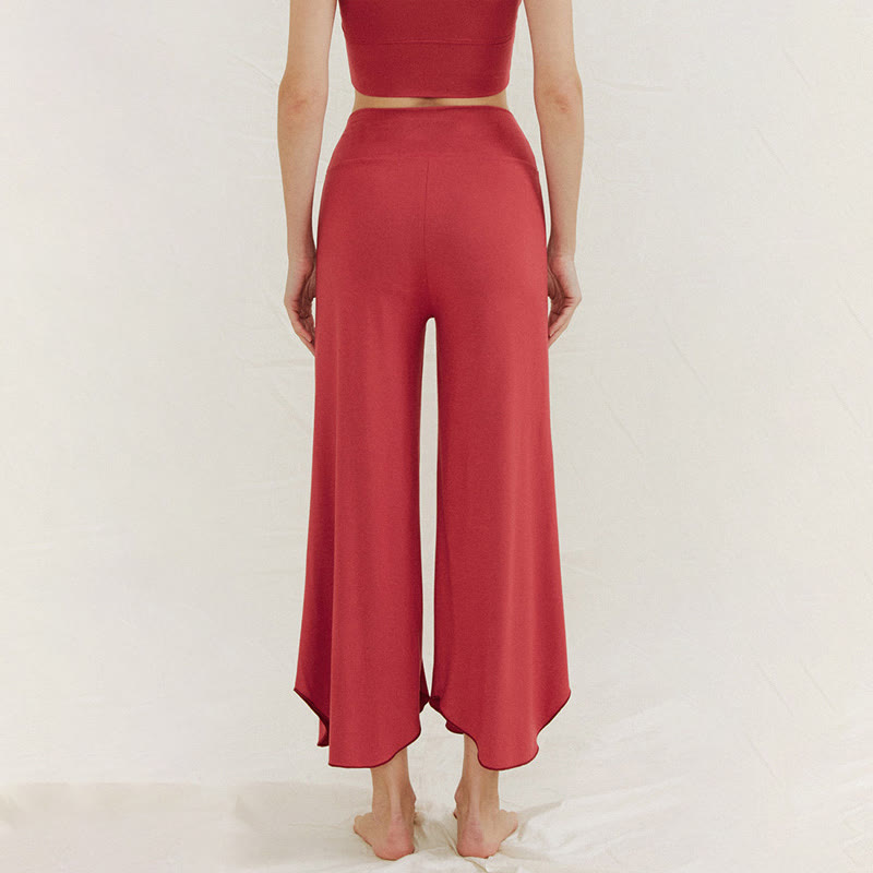 Buddha Stones Lässige, einfarbige, lockere, unregelmäßige, geometrische Saumhose für Damen Leica mit weitem Bein - image 1