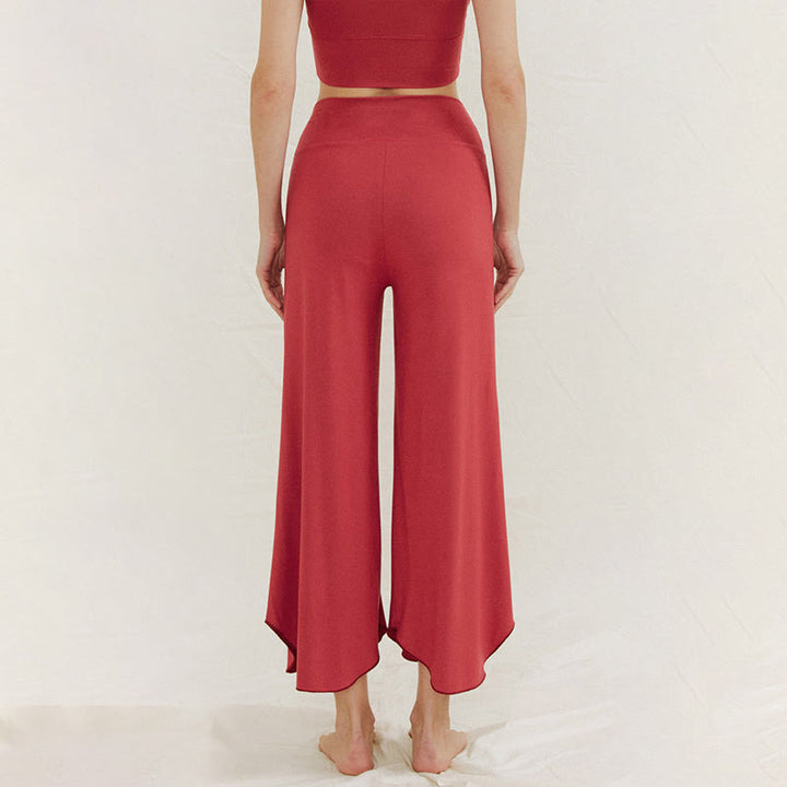 Buddha Stones Lässige, einfarbige, lockere, unregelmäßige, geometrische Saumhose für Damen Leica mit weitem Bein - image 1