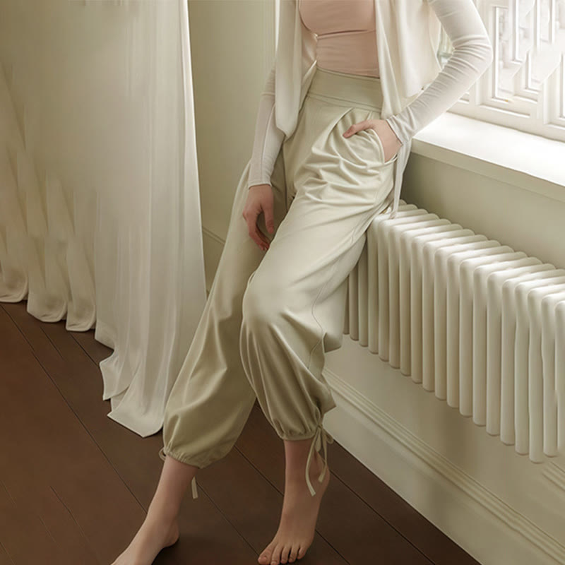 Buddha Stones Lässige, schlichte Leica-Hose mit Kordelzug am Saum für Damen mit Taschen - image 17