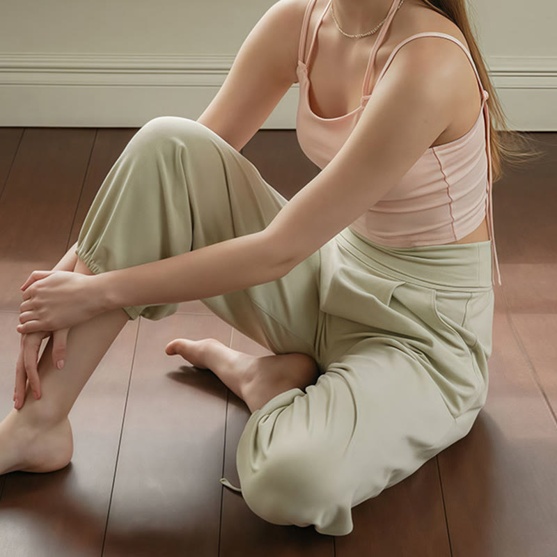 Buddha Stones Lässige, schlichte Leica-Hose mit Kordelzug am Saum für Damen mit Taschen - image 18