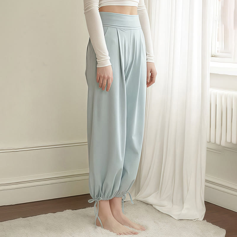 Buddha Stones Lässige, schlichte Leica-Hose mit Kordelzug am Saum für Damen mit Taschen - image 1