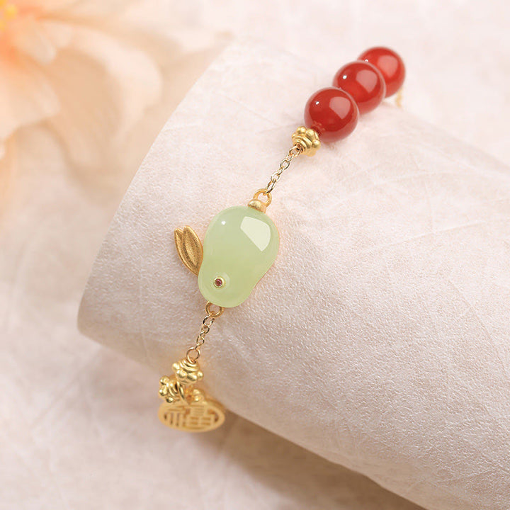 Buddha Stones, roter Achat, Perlen, Hetian-Jade, Kaninchen-Fu-Charakter, Glücksschnalle, Kettenarmband