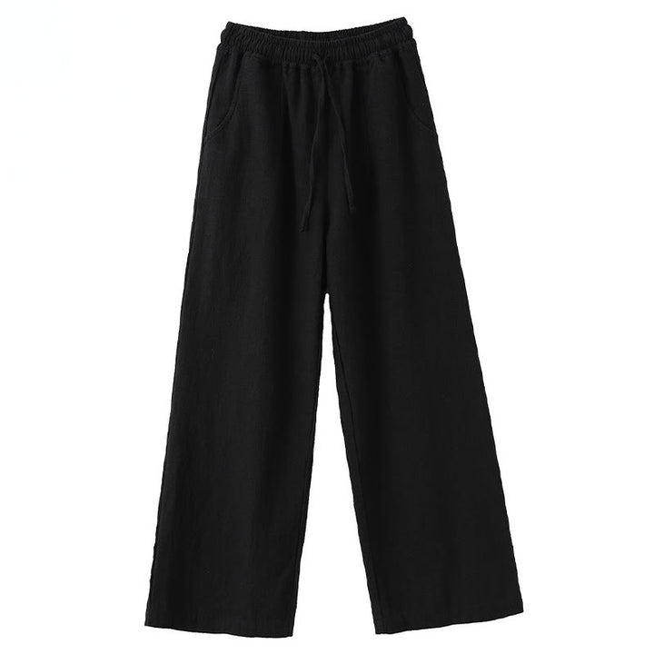 Buddha Stones Lässige, schlichte, lockere, gerade geschnittene Hose aus Ramie-Baumwolle für Damen mit weitem Bein und Taschen