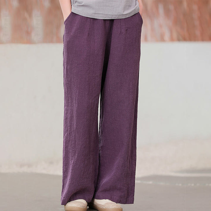 Buddha Stones Lässige, schlichte, lockere, gerade geschnittene Hose aus Ramie-Baumwolle für Damen mit weitem Bein und Taschen
