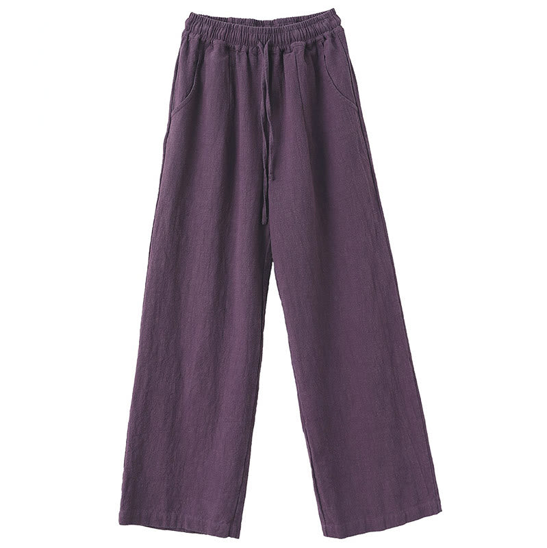 Buddha Stones Lässige, schlichte, lockere, gerade geschnittene Hose aus Ramie-Baumwolle für Damen mit weitem Bein und Taschen