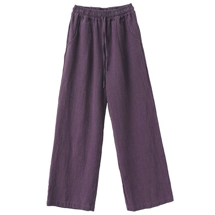 Buddha Stones Lässige, schlichte, lockere, gerade geschnittene Hose aus Ramie-Baumwolle für Damen mit weitem Bein und Taschen