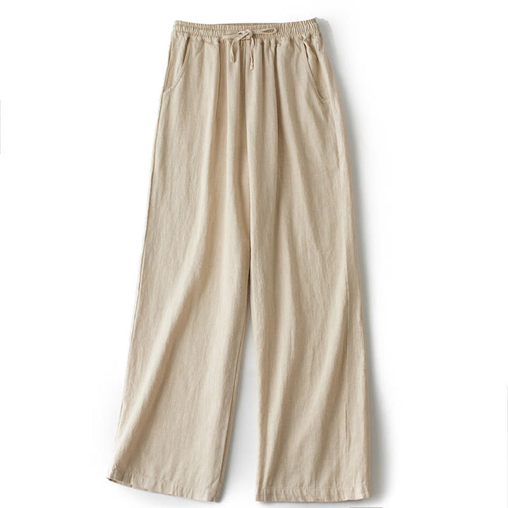 Buddha Stones Lässige, schlichte, lockere, gerade geschnittene Hose aus Ramie-Baumwolle für Damen mit weitem Bein und Taschen