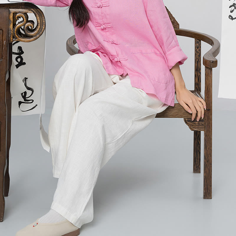 Buddha Stones Lässige, schlichte, lockere, gerade geschnittene Hose aus Ramie-Baumwolle für Damen mit weitem Bein und Taschen