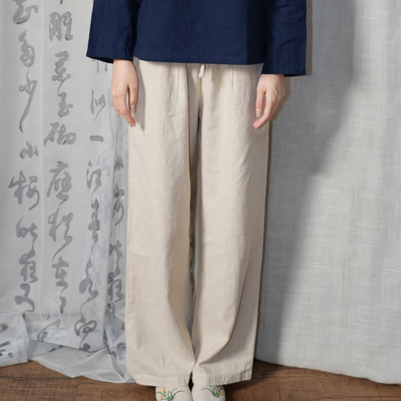 Buddha Stones Lässige, schlichte, lockere, gerade geschnittene Hose aus Ramie-Baumwolle für Damen mit weitem Bein und Taschen