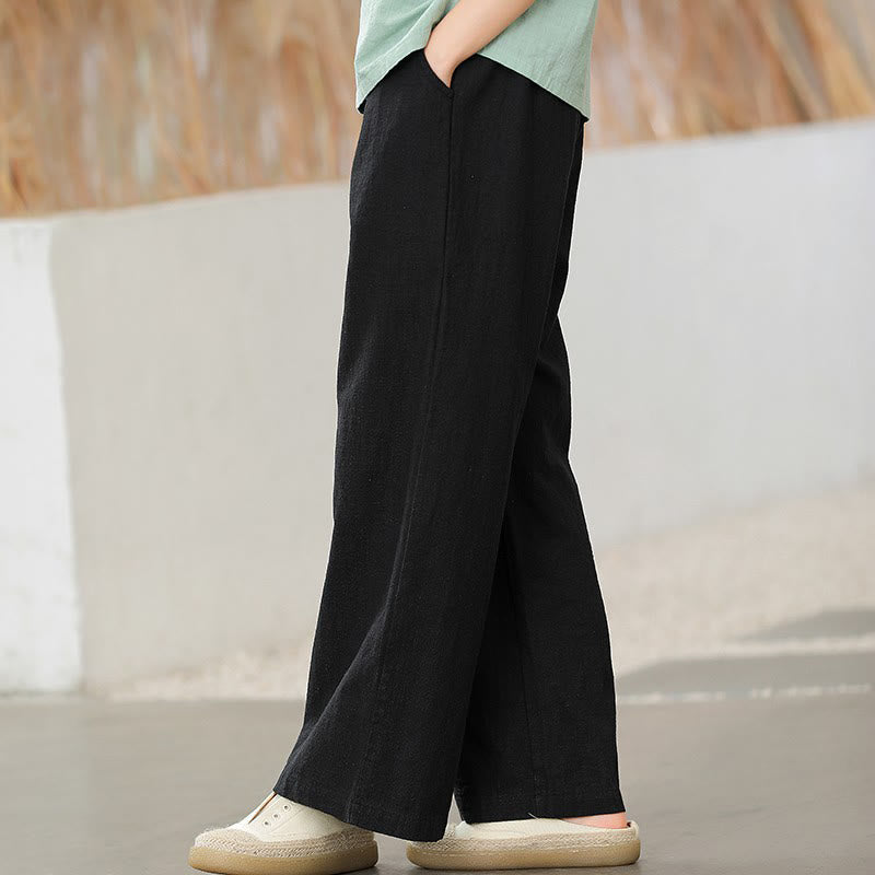 Buddha Stones Lässige, schlichte, lockere, gerade geschnittene Hose aus Ramie-Baumwolle für Damen mit weitem Bein und Taschen