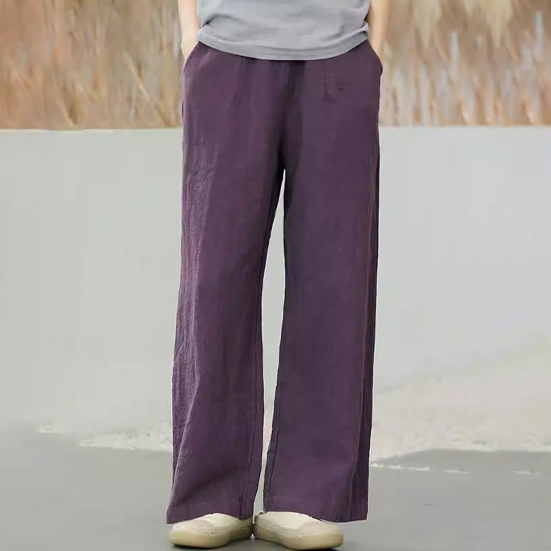 Buddha Stones Lässige, schlichte, lockere, gerade geschnittene Hose aus Ramie-Baumwolle für Damen mit weitem Bein und Taschen
