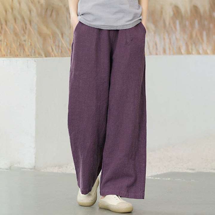 Buddha Stones Lässige, schlichte, lockere, gerade geschnittene Hose aus Ramie-Baumwolle für Damen mit weitem Bein und Taschen