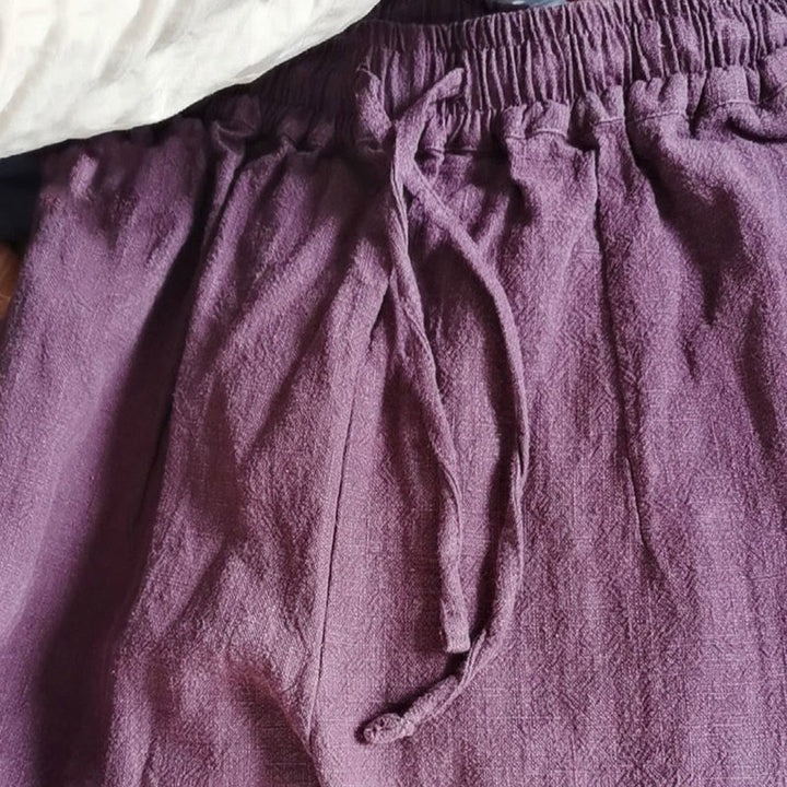 Buddha Stones Lässige, schlichte, lockere, gerade geschnittene Hose aus Ramie-Baumwolle für Damen mit weitem Bein und Taschen