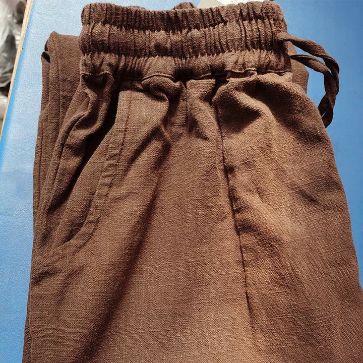 Buddha Stones Lässige, schlichte, lockere, gerade geschnittene Hose aus Ramie-Baumwolle für Damen mit weitem Bein und Taschen