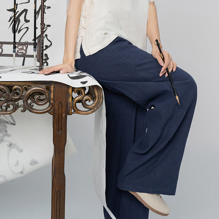 Buddha Stones Lässige, schlichte, lockere, gerade geschnittene Hose aus Ramie-Baumwolle für Damen mit weitem Bein und Taschen