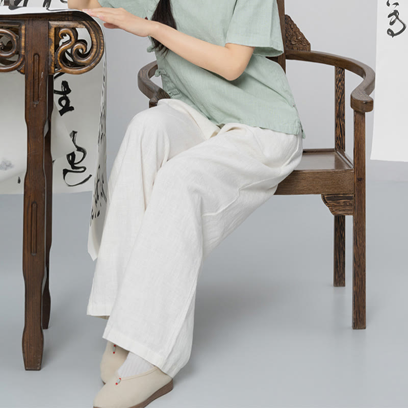 Buddha Stones Lässige, schlichte, lockere, gerade geschnittene Hose aus Ramie-Baumwolle für Damen mit weitem Bein und Taschen