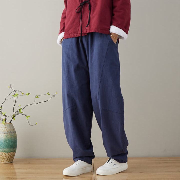 Buddha Stones Lässige, schlichte, lockere Baumwollhose für Damen mit Taschen