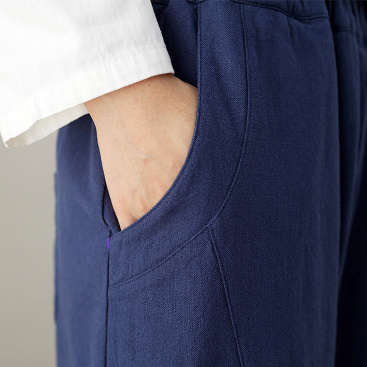 Buddha Stones Lässige, schlichte, lockere Baumwollhose für Damen mit Taschen